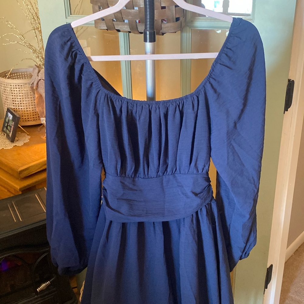 Size M Navy Blue Dress with Ruffle Bottom and Cut Out Back Detail
